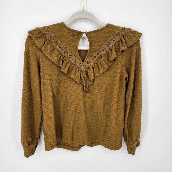 3/$25 J Crew Ruffle Trim Honeycomb Knit Top XXS Textured Eyelet Trim Brown AH926 - Picture 2 of 10